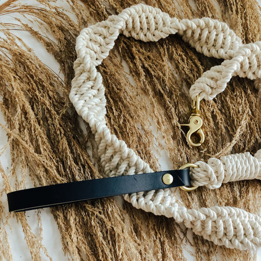 Handmade Macrame Dog Leash w/ Leather Handle - White Rope w/ Black Handle