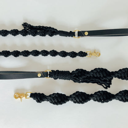 Handmade Macrame Dog Leash w/ Leather Handle - Black Rope w/ Black Handle