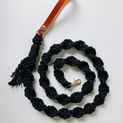 Handmade Macrame Dog Leash w/ Leather Handle - Black Rope w/ Black Handle